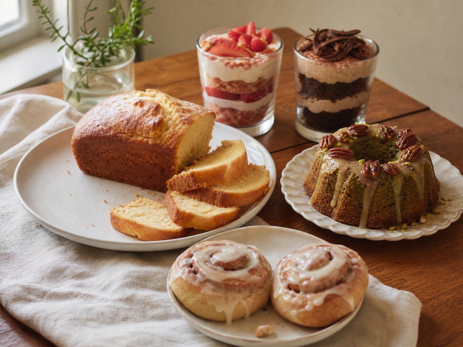 A warm bakery table with pound cake, pistachio cake slices, cinnamon rolls, and layered dessert cups